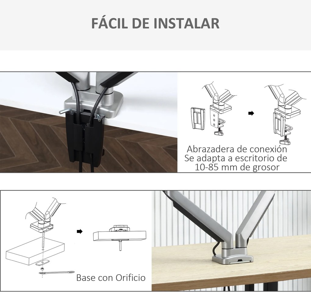 Vinsetto Suporte para Monitor Duplo para Telas LED LCD de 13"-32" Polegadas VESA 75/100mm com Braçadeira Ajustável Giratório 360° e 2 Opções de Montagem 93x11x47cm Prata