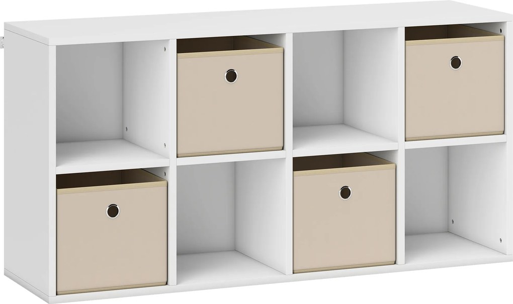 Estante Cubo Estante de Armazenamento Horizontal ou Vertical com 8 Compartimentos e 4 Gavetas de Tecido 53,7x30x79,8 cm Branco e Bege
