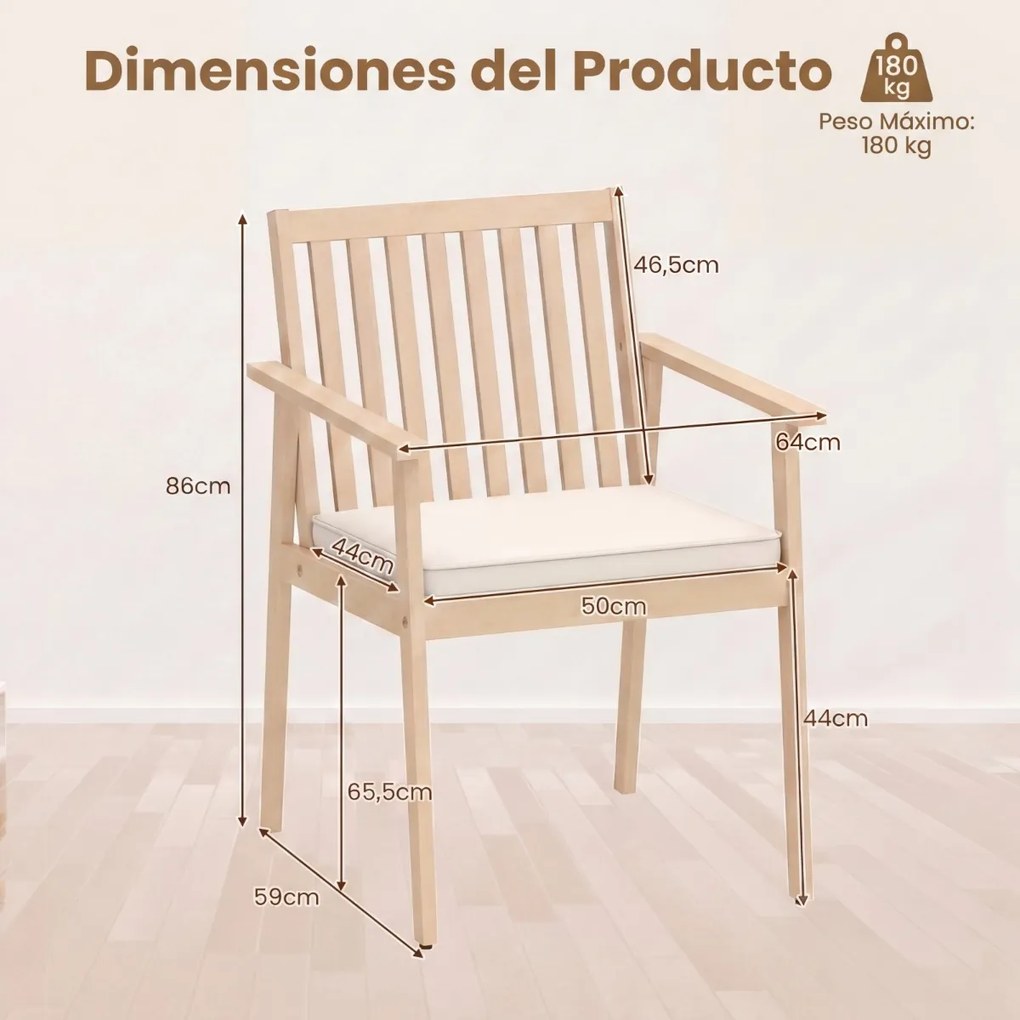 Conjunto 2 Cadeiras de Jantar jardim Madeira Acacia Almofada Removível Apoio de Braços Natural e Branco