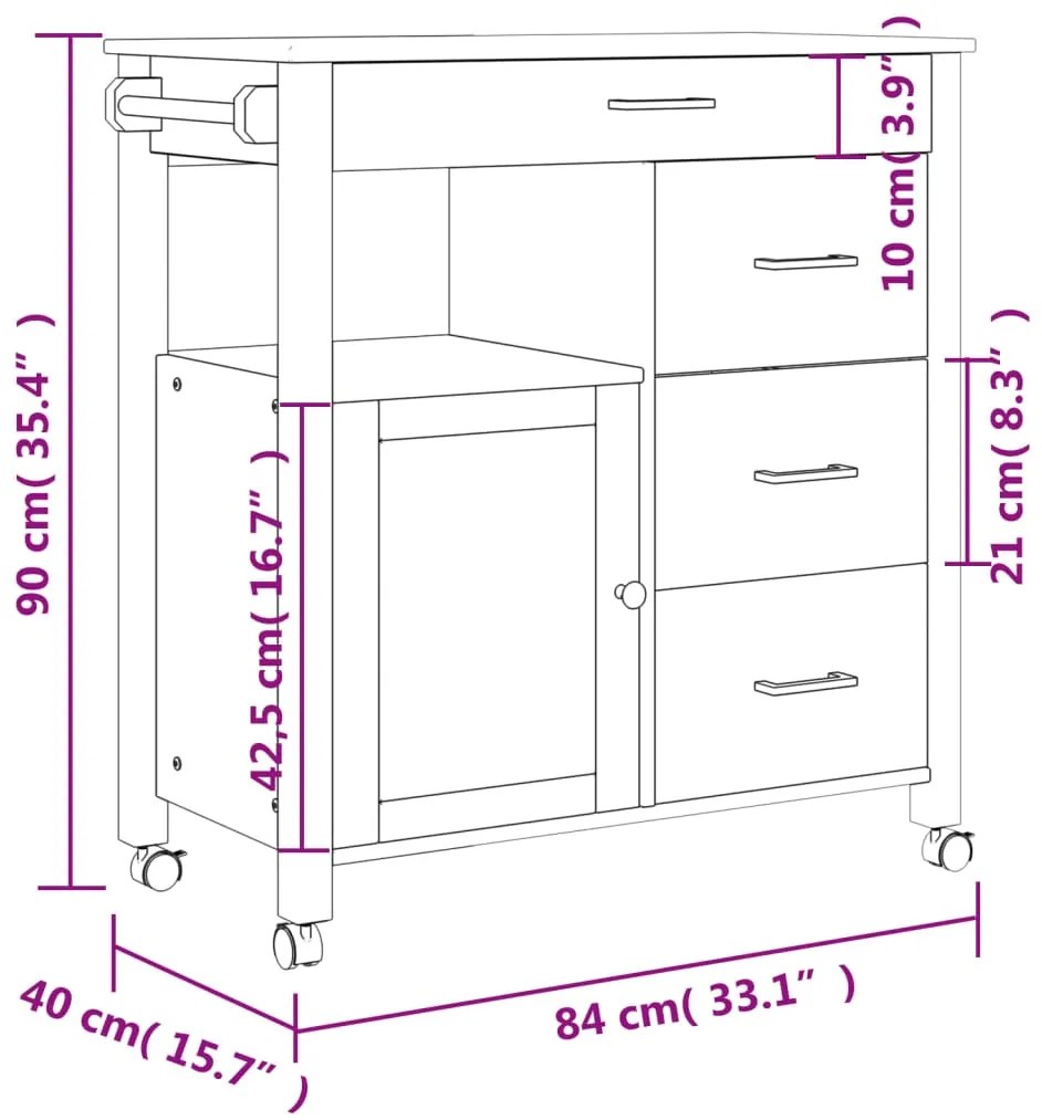 Carrinho de cozinha MONZA 84x40x90 cm madeira de pinho maciça