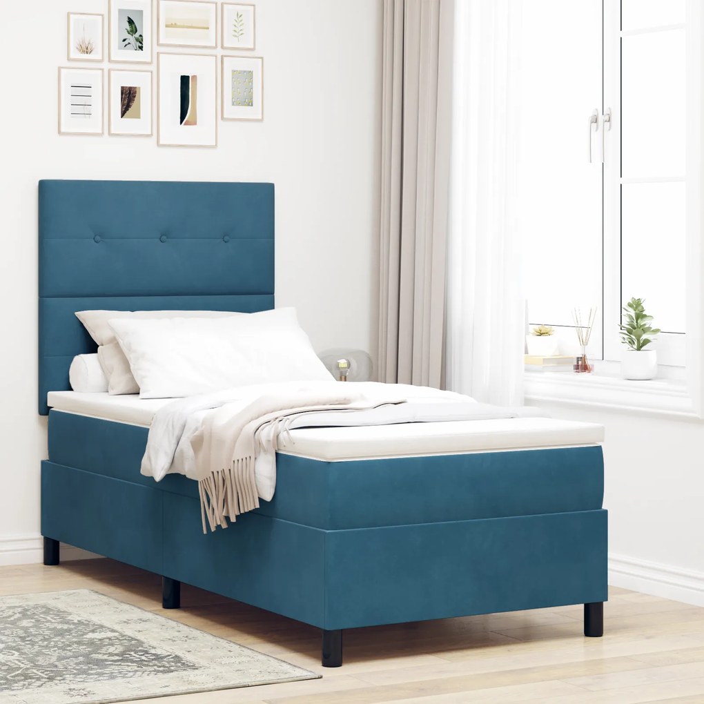Cama Box Spring com Colchão Azul Escuro Solteiro Veludo