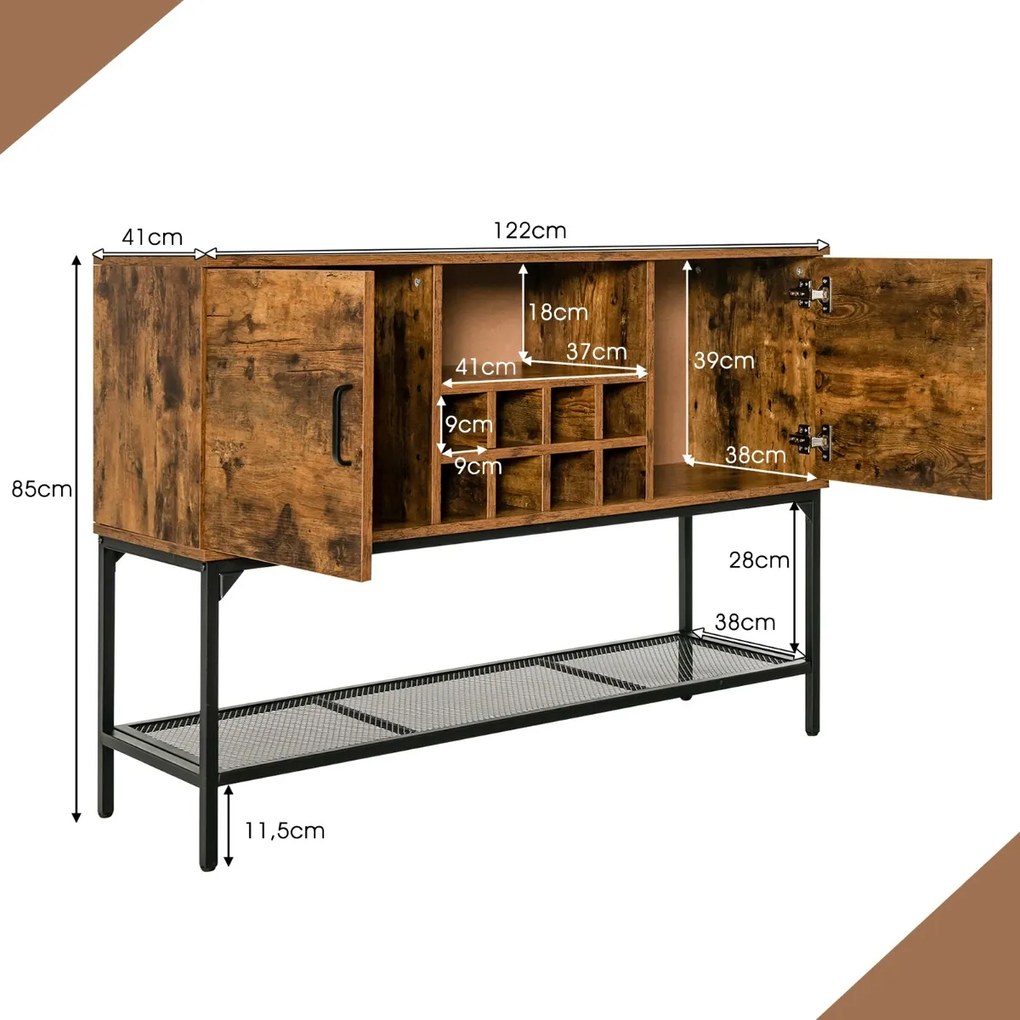 Aparador Buffet Industrial com Porta Vinho Prateleira de Malha 2 Armários com Portas para Corredor da Sala 122 x 41 x 85 cm Castanho