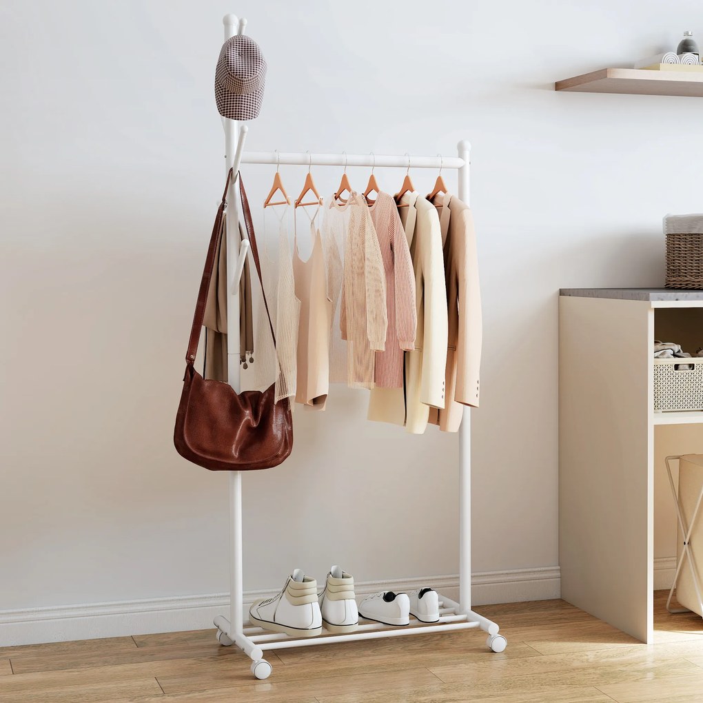 Guarda Roupa com Rodas 5 Ganchos Barra para Pendurar e Prateleira Inferior 68x43x171 cm Branco