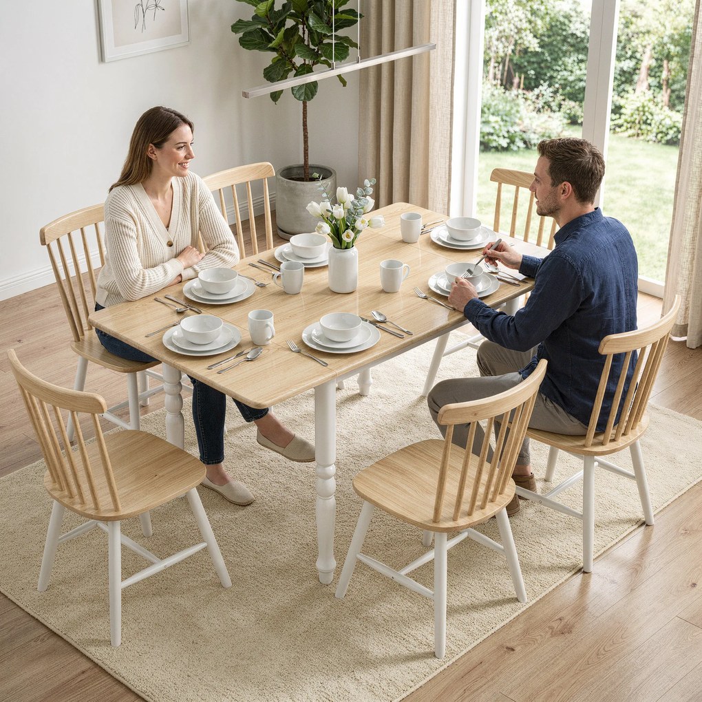 Mesa de jantar dobrável para 2 a 6 pessoas, 74-134 cm (CADEIRAS NÃO INCLUIDAS), mesa de cozinha com 2 abas, pés em aço, madeira natural