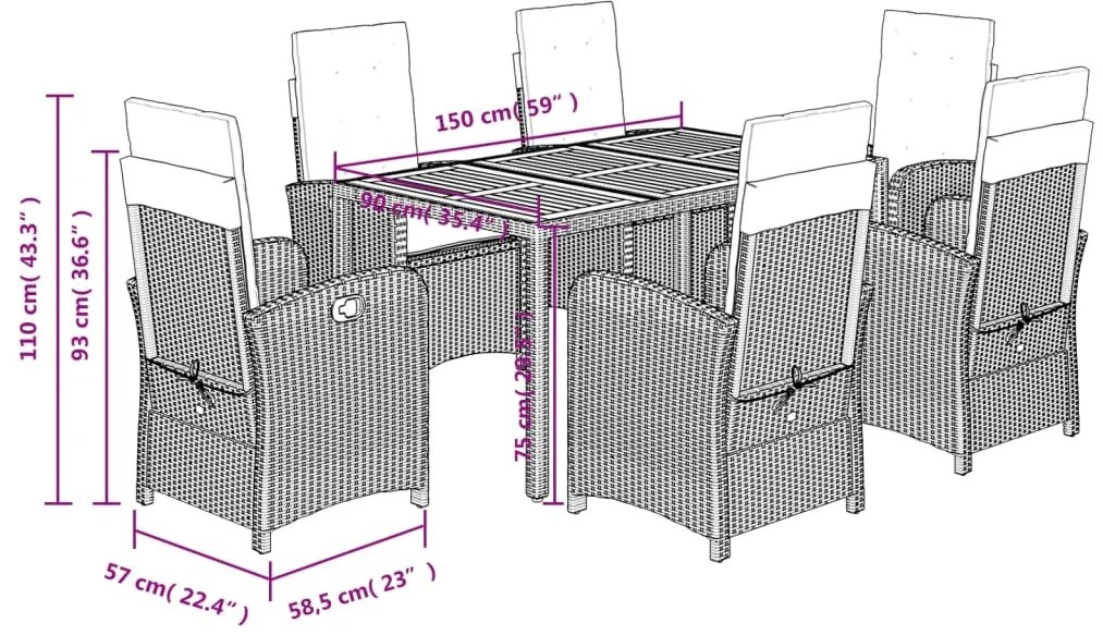 7 pcs conjunto de jantar p/ jardim c/ almofadões vime PE preto