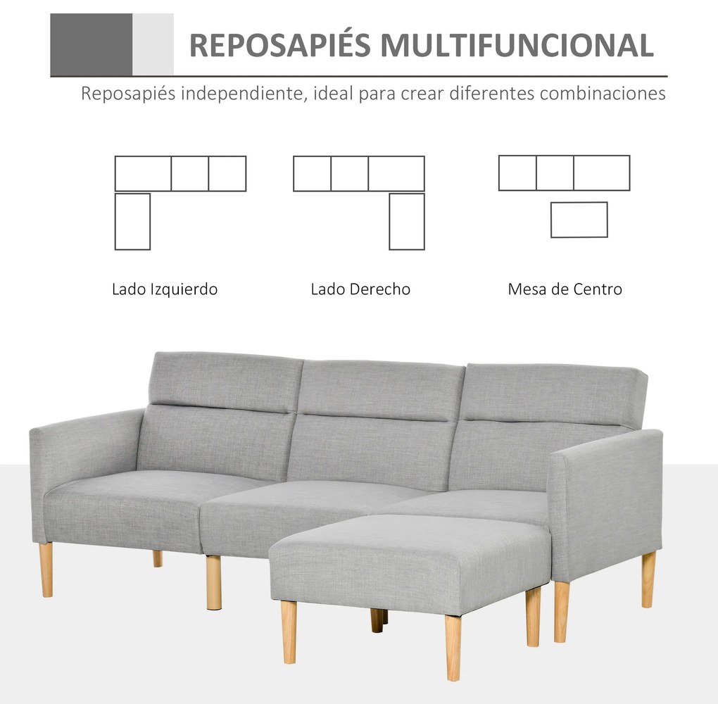 HOMCOM Sofá Cama com Chaise Longue de 3 Lugares com Encosto Ajustável Apoio para os Braços e Apoio para os Pés Móvel 207x81x80cm Cinza Claro
