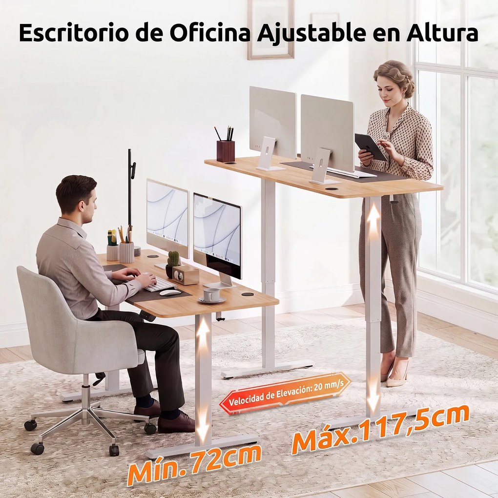 Secretária Elétrica para Escritório, 140 x 60 x 72-118 cm, Regulável com 3 Memórias, Natural + Branco