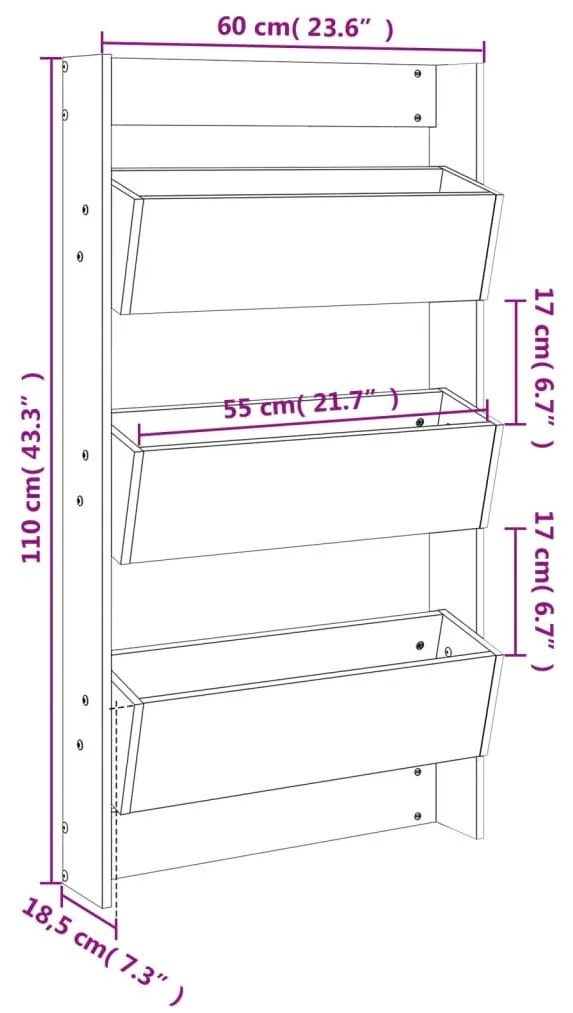 Floreira parede c/ 3 caixas 60x18,5x110cm pinho maciço cinzento