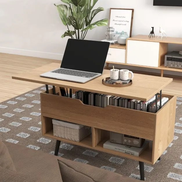 Mesa de centro com tampo elevável 80 x 40 x 46 cm, compartimento oculto e 2 prateleiras para sala de estar Natural