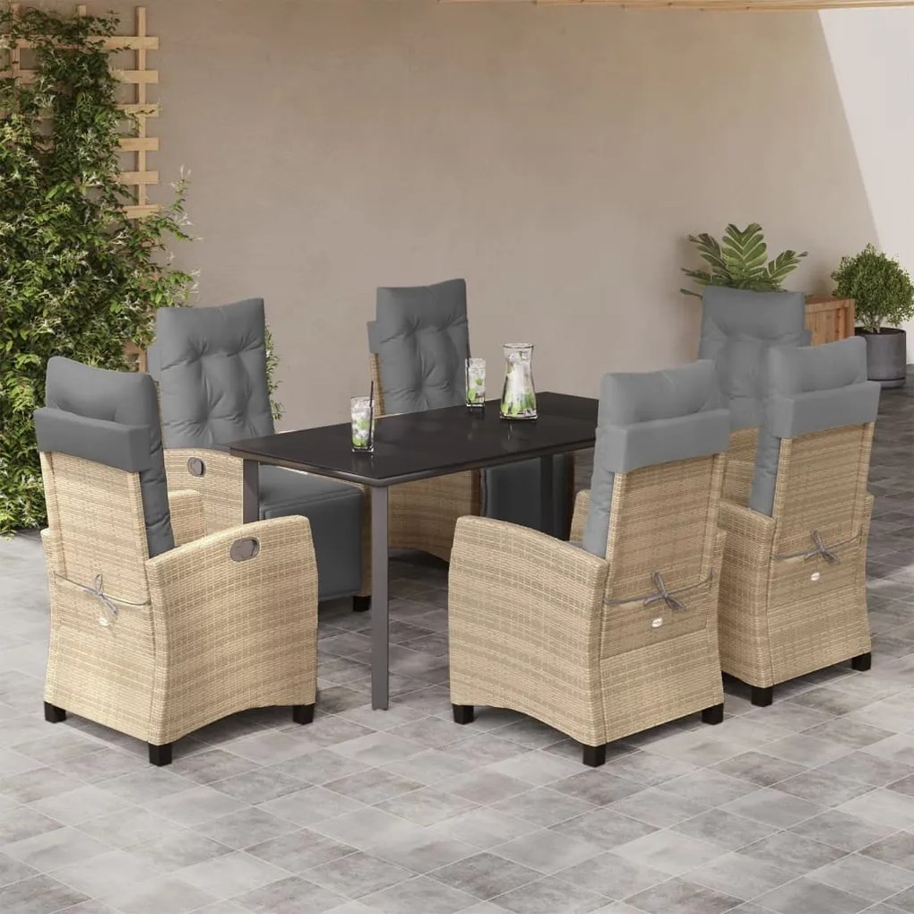 7 pcs conj. jantar jardim c/ almofadões vime PE bege misturado