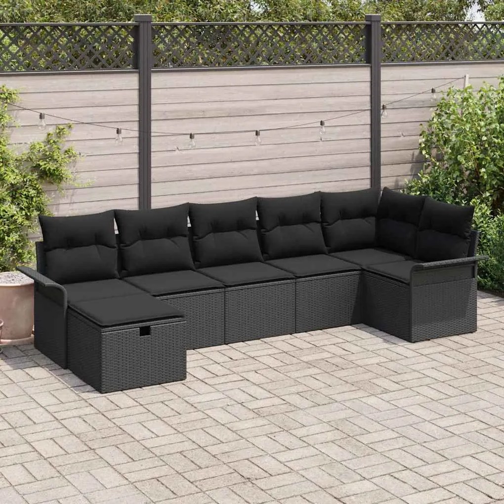 vidaXL Conjunto de Sofá de Jardim com almofada 7 pcs Preto vime PE