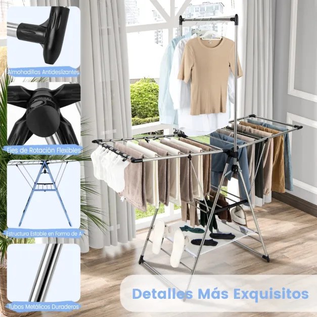 Estendal de roupa dobrável ​​de alumínio de 6 camadas para roupas estilo asa de gaivota airer com altura ajustável e clipes laterais prateado