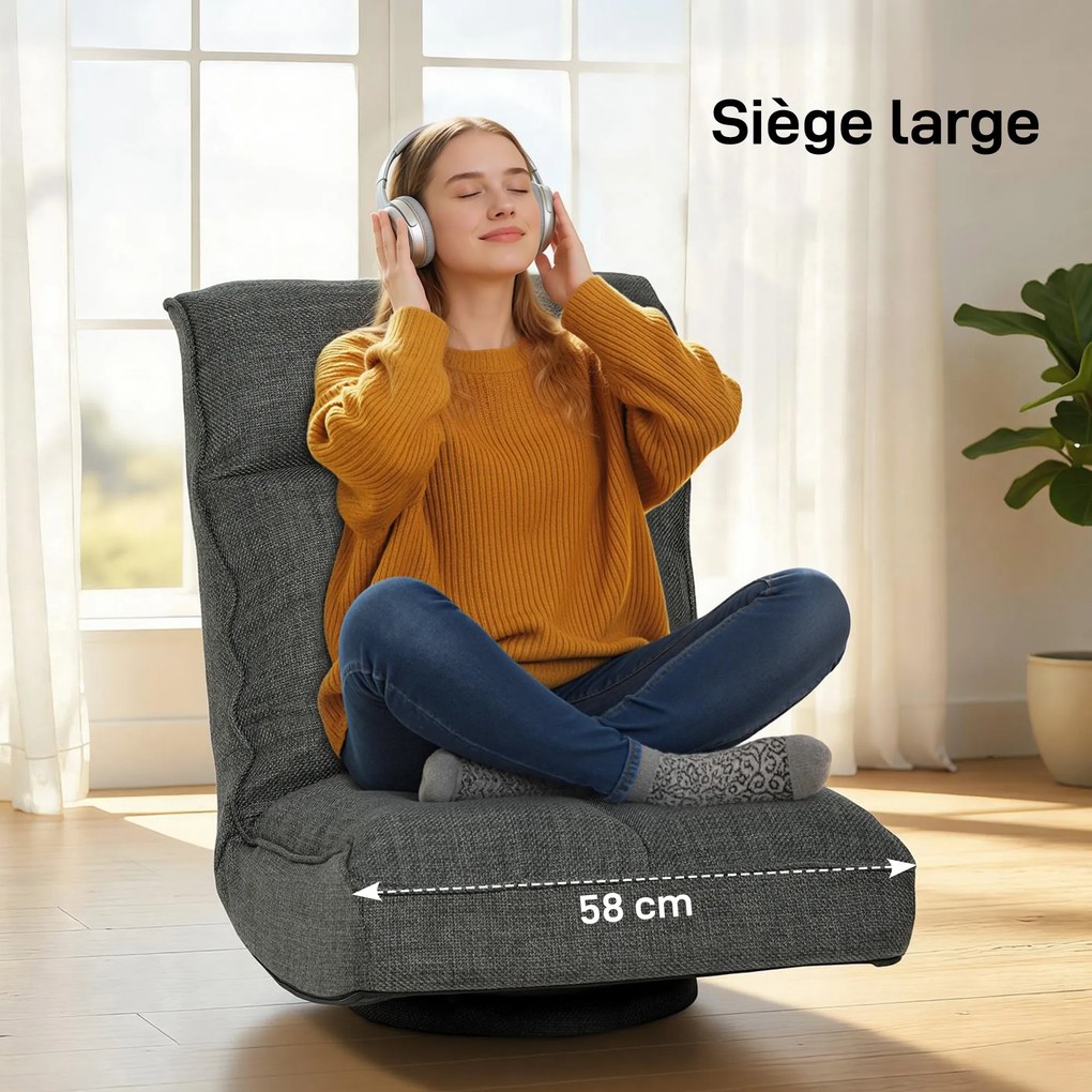 Cadeira de chão dobrável com rotação de 360°, cadeira de chão estofada com encosto ajustável em 5 posições, 58 x 107 x 79 cm, cinzenta