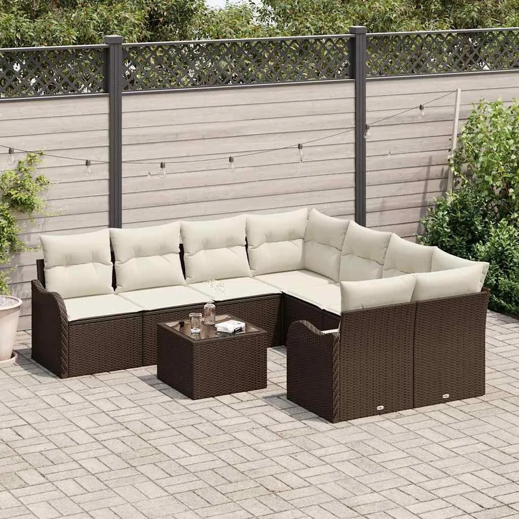 Conjunto de sofá de jardim de 9 peças com almofadas marrons em ráton