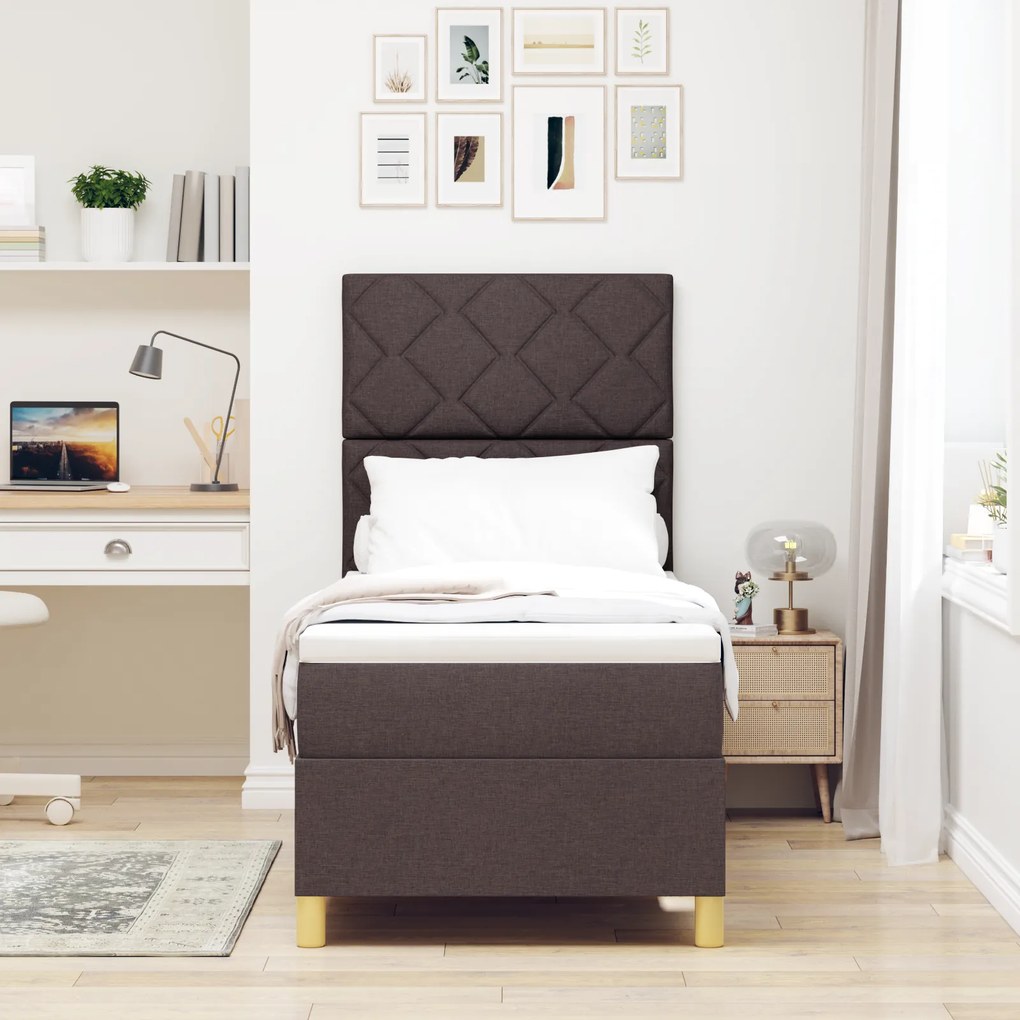 Cama Box Spring com Colchão Castanho Escuro 80x200 cm Tecido
