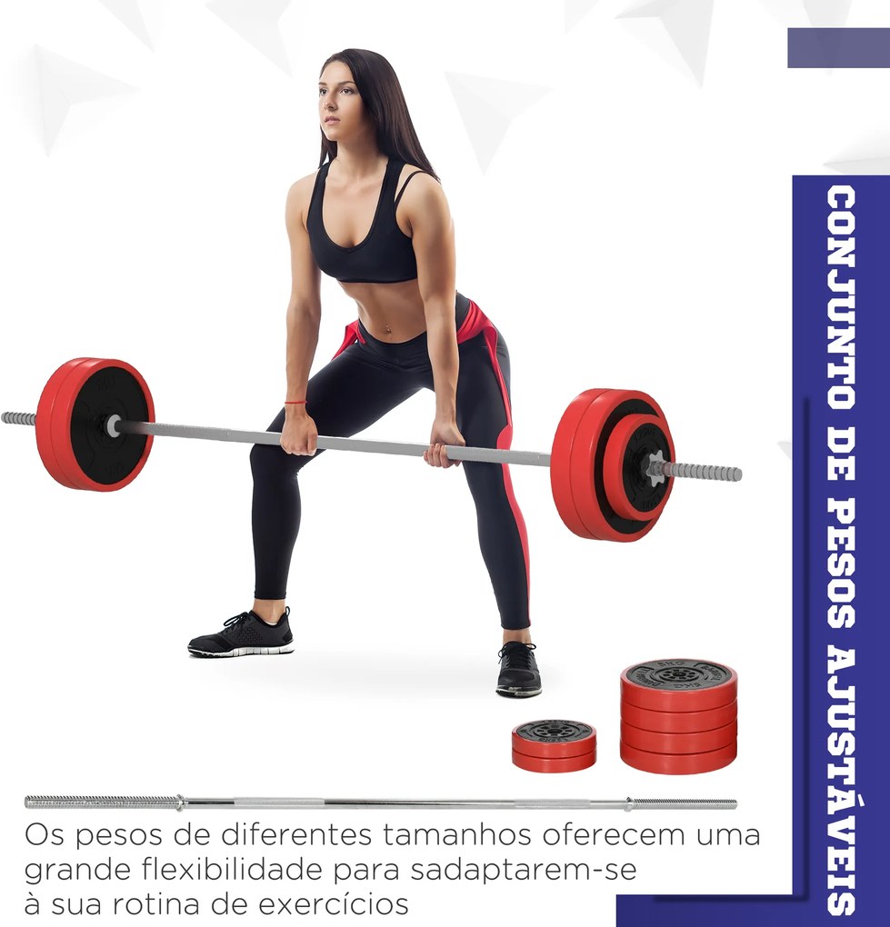 Conjunto de Barra de Pesos 30 kg com Discos Conjunto de Musculação com 6 Discos e 1 Barra para Treino de Força Levantamento de Pesos 170x26x26 cm Verm