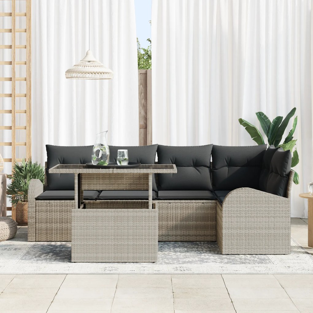 Conjunto de Sofá de Jardim de 6 Peças com Almofadas Cinza Claro em Rat