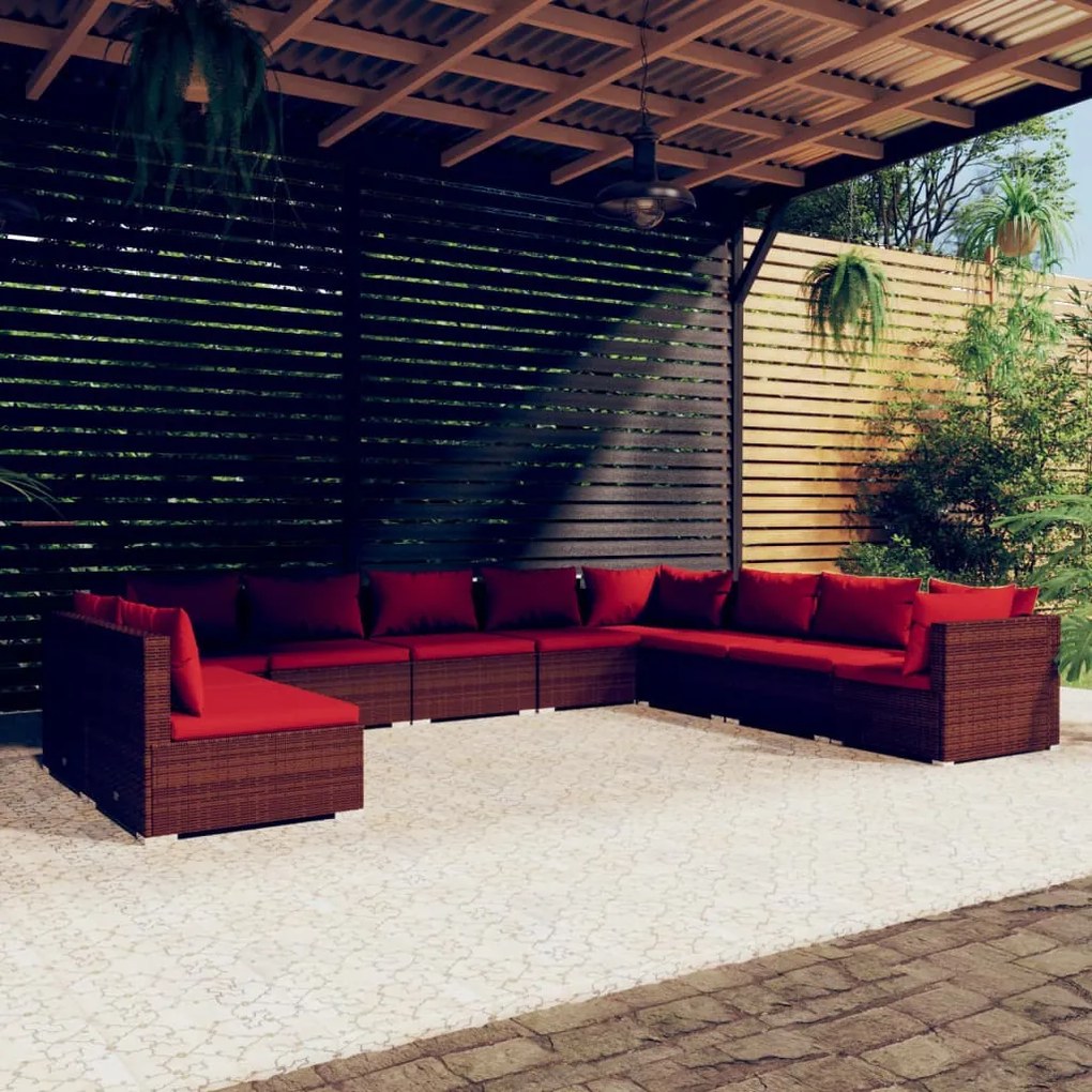 vidaXL 10 pcs conjunto lounge jardim c/ almofadões vime PE castanho