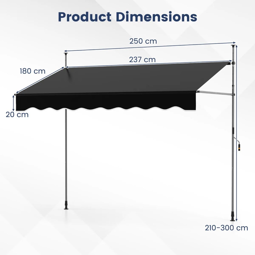 Toldo retrátil manual 2,5 m x 180 cm Sombra exterior ajustável sem perfuração com manivela para pátio, varanda, jardim Preto