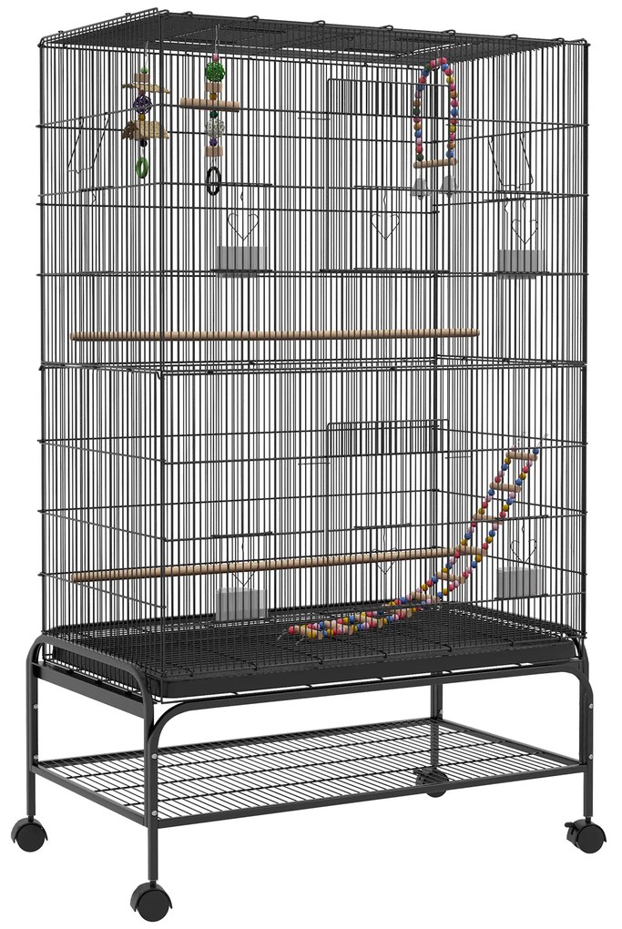 PawHut Gaiola para Pássaros com Rodas Comedouros Poleiros Prateleira Inferior Bandeja Removível 97x58x160 cm Preto | Aosom Portugal