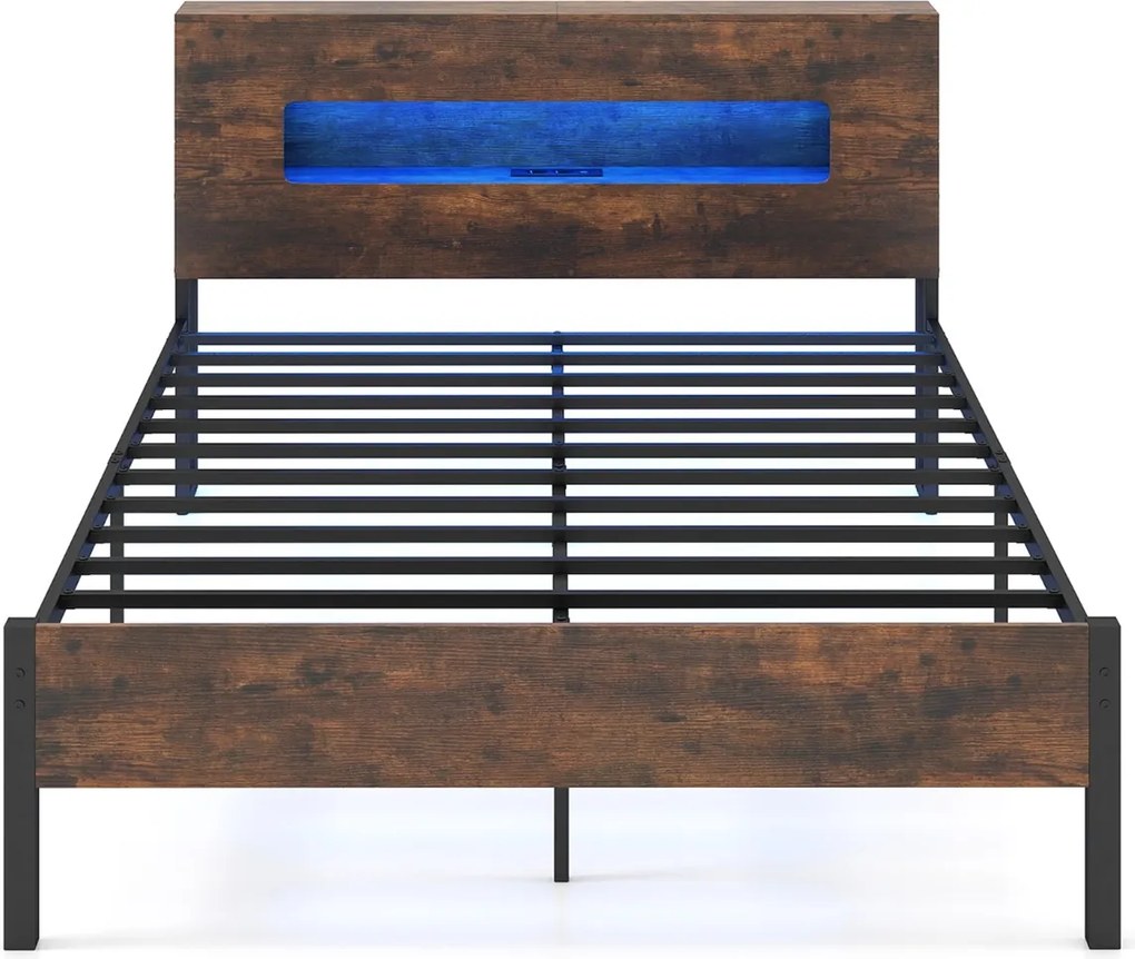 Estrutura Cama 200 x 140 cm com luzes LED (COLCHÃO NÃO INCLUIDO), cabeceira com espaço de armazenamento, tomadas elétricas e estrado de ripas Castanho