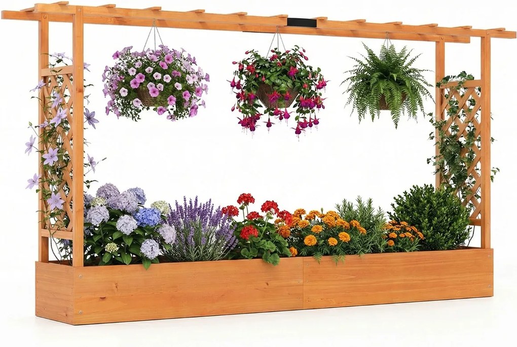 Floreira de jardim elevada em madeira com treliça 220 x 35 x 114 cm, teto suspenso, orifícios de drenagem, para plantas trepadeiras, laranja
