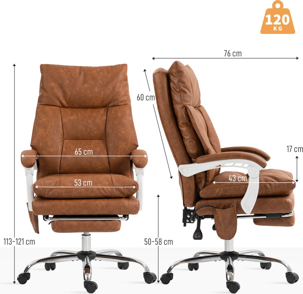 Cadeira de Escritório com Suporte Lombar Inflável Estofada em PU e Encosto Reclinável 65x76x113-121 cm Castanho