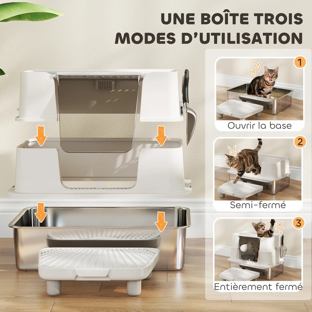 Caixa de areia XL em aço inoxidável para gatos de grande porte, tampa giratória a 100°, pá, 60,2 x 40,2 x 44,5 cm, cinzento claro
