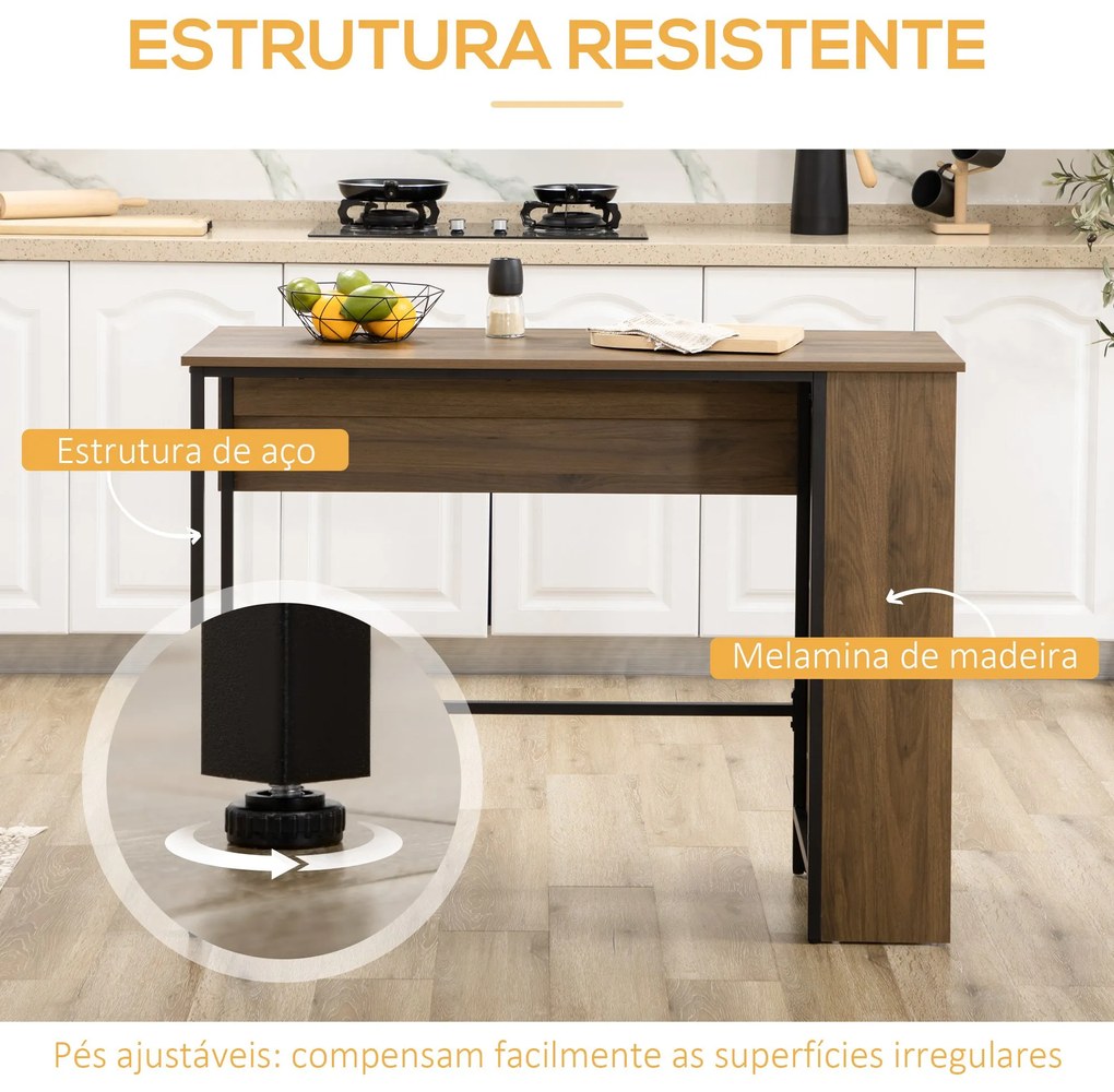 Mesa de Bar Extensível Mesa de Bistrô com 3 Prateleiras de Armazenamento e Estrutura de Metal para Cozinha Sala de Jantar 120x76x91,4cm Marrom