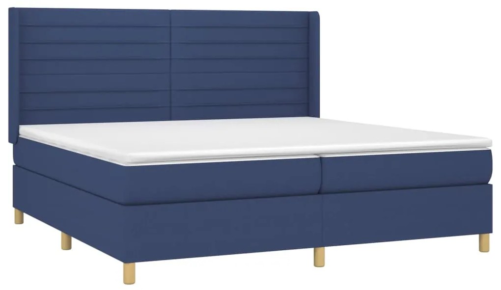 Cama box spring c/ colchão e LED 200x200 cm tecido azul