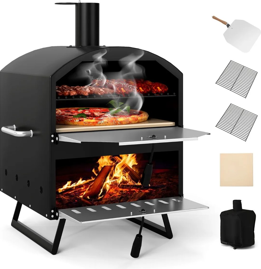 Forno de Pizza Exterior de 2 Camadas Fogão Portátil com Pedra, Pá e Grelhas para Churrasco e Tampa para Acampamento 61 x 53 x 83 cm Preto