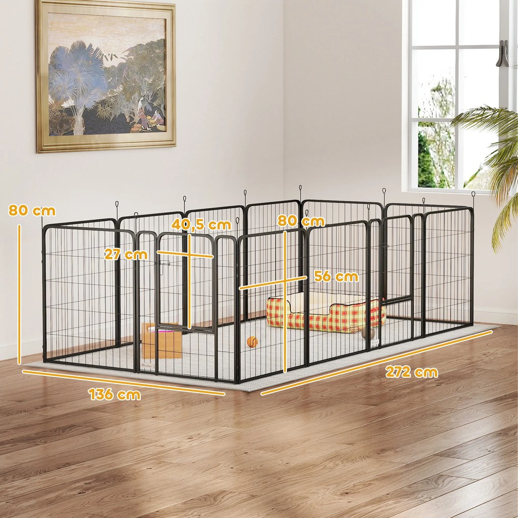 Parque para Cães de 12 Painéis 68x80 cm (CASOTA NÃO INCLUIDA) Parque Dobrável para Cães Médios com Portas Fecho e Estacas Preto