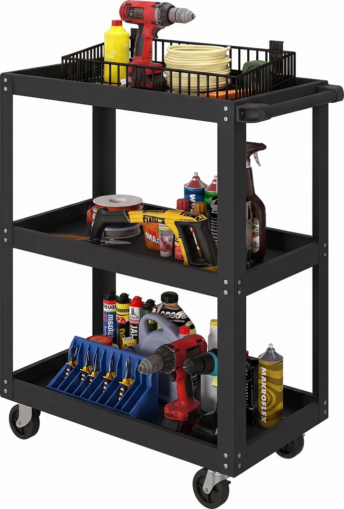 Carrinho de oficina com 3 prateleiras 70,5 x 35 x 82,5 cm, pega lateral e rodas bloqueáveis, preto