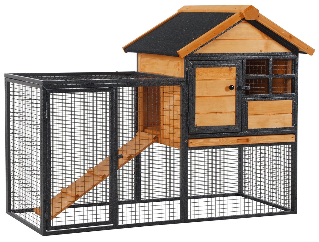 Coelheira para pequenos animais de estimação 2 níveis com bandeja removível de madeira e rampa de metal 122x63x92 cm para coelhos cobaios de madeira e