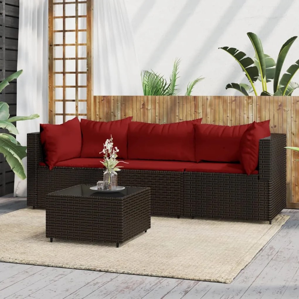 4 pcs conjunto lounge jardim c/ almofadões vime PE castanho