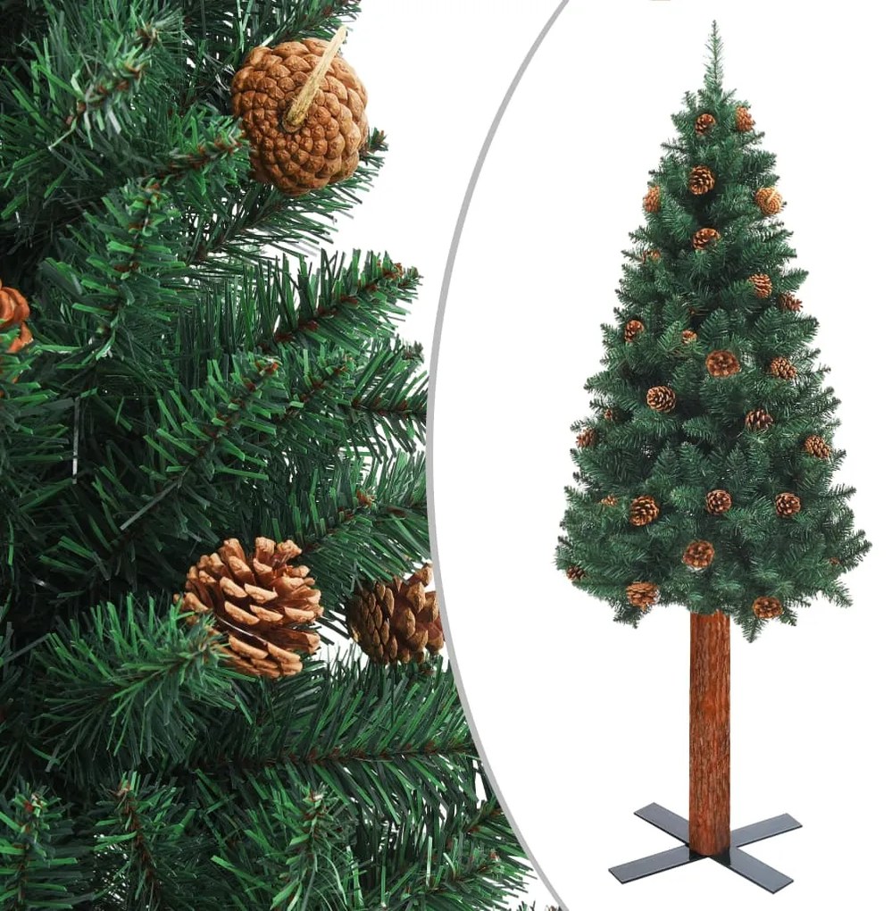 vidaXL Árvore de Natal fina madeira e pinhas genuínas 210 cm PVC verde