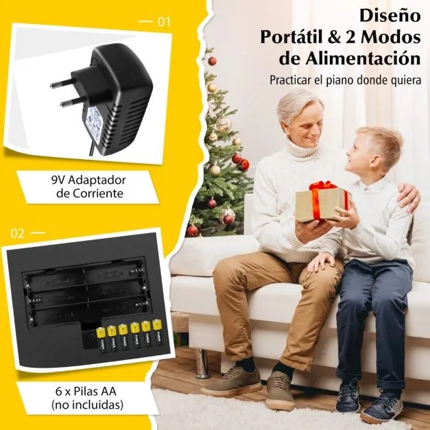 Teclado eletrónico de 61 teclas com 300 ritmos 3 modos de ensino Teclado com ecrã LED Microfone duplo