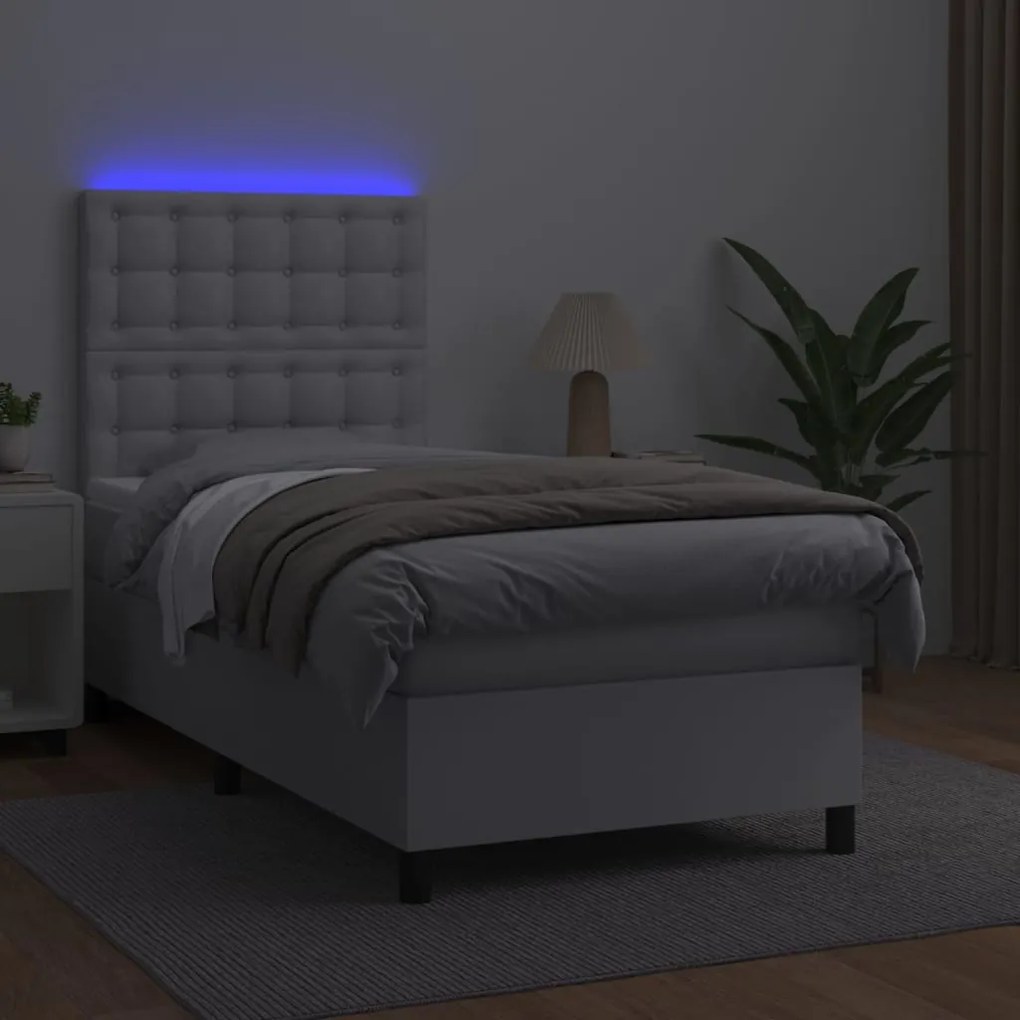 Cama box spring c/ colchão/LED 90x190cm couro artificial branco