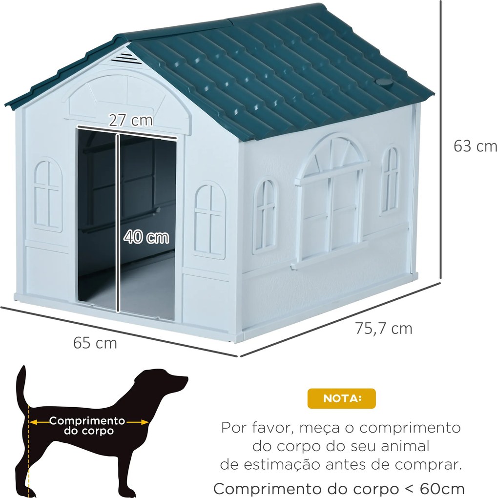 Casota para Cães 65x75,7x63 cm Casa para Cães com Janelas e Teto com Telhas de Imitação para Cães Médios Azul e Branco