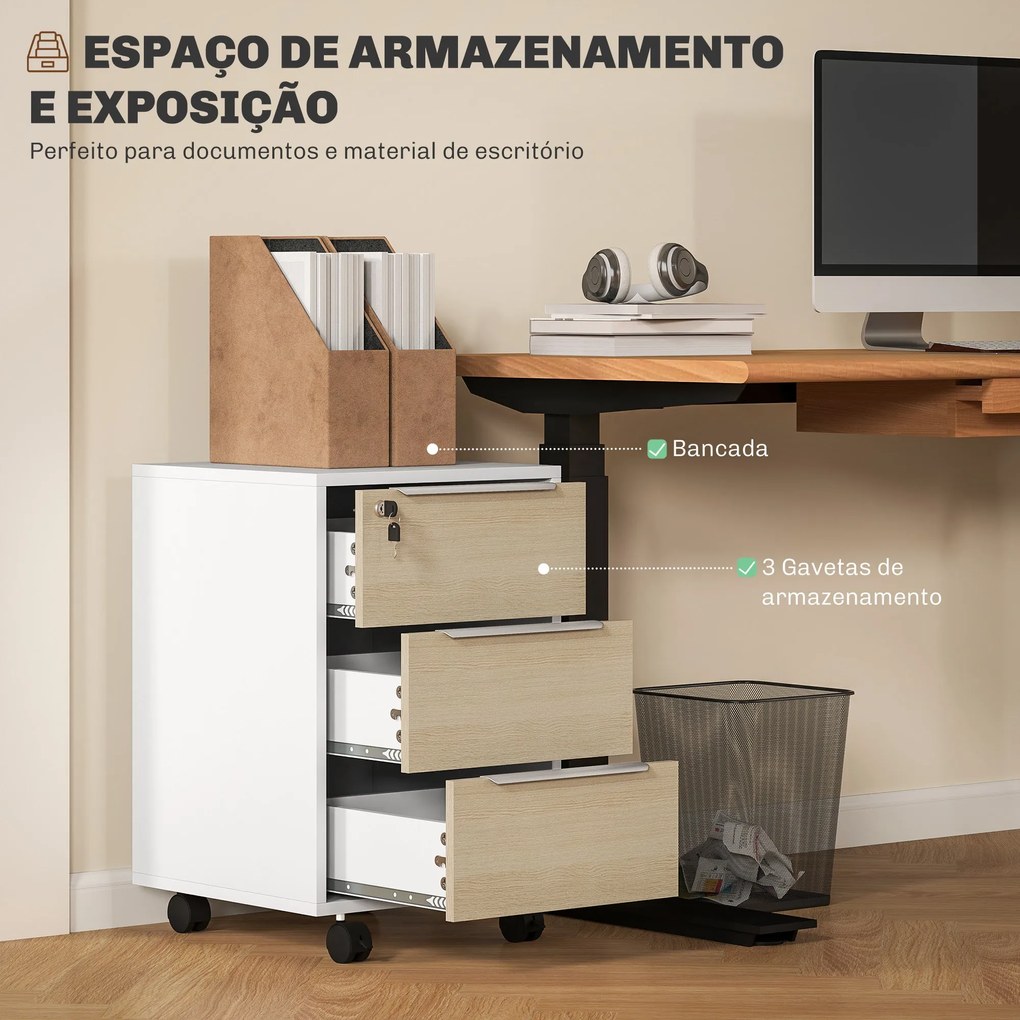 Bloco de Gavetas Móvel de Escritório com 3 Gavetas Fechadura Rodas e T