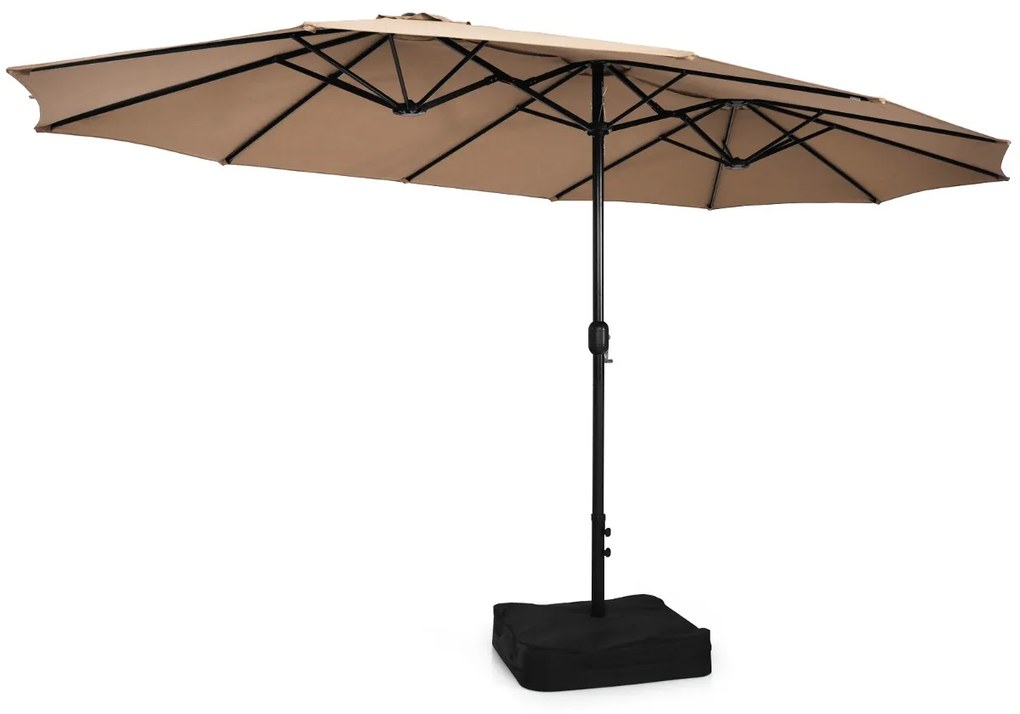 Guarda-sol duplo Jardim de 451,5 cm com base Sistema de manivela Estrutura metálica com 12 varas Ventilação de ar Café