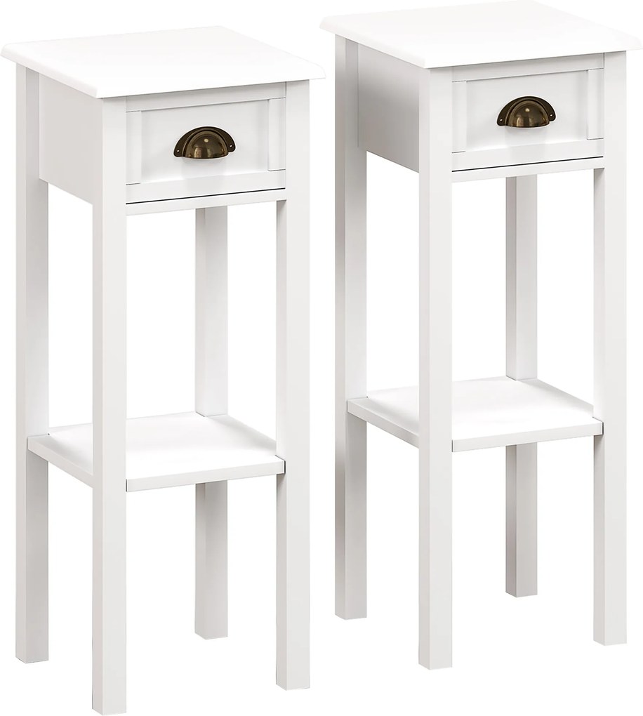 HOMCOM Conjunto de 2 Mesas Auxiliares Mesas de Cabeceira com Gaveta e Prateleira de Armazenamento para Quarto 30x30x75 cm Branco | Aosom Portugal