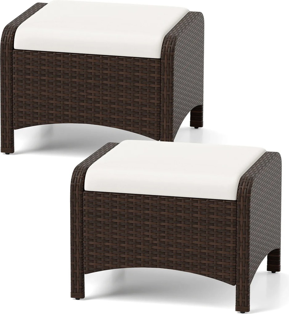 Conjunto de 2 Pufes Retangulares Jardim, 54 x 46 x 39,5 cm, Almofadas Removíveis, Branco e castanho