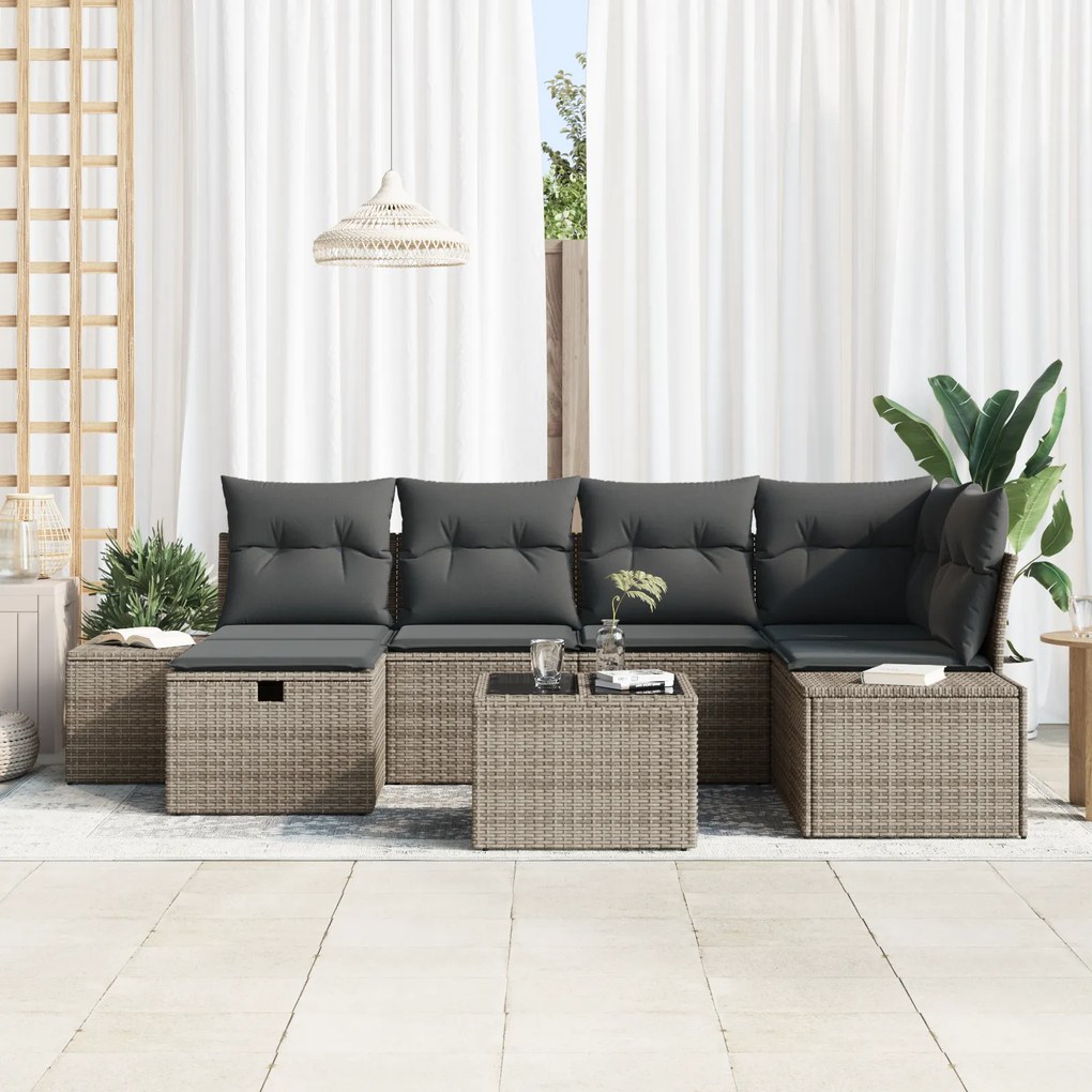 Conjunto de Sofás de Jardim de 7 Peças com Almofadas Cinza Rattan PE