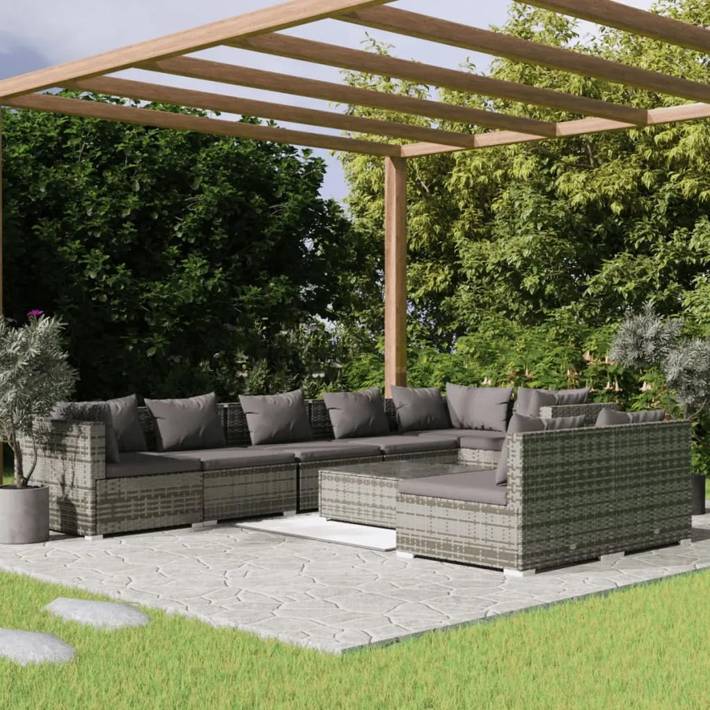 vidaXL 9 pcs conjunto lounge de jardim c/ almofadões vime PE cinzento