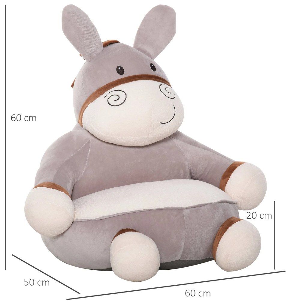 Mini sofá infantil para crianças acima de 18 meses em forma de burro com assento acolchoado 60x55x60cm cinza