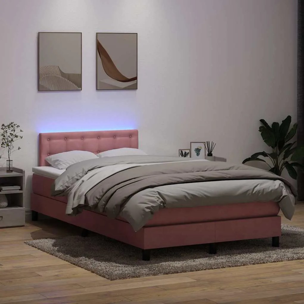 vidaXL Cama box spring c/ colchão e LED 120x220 cm veludo rosa
