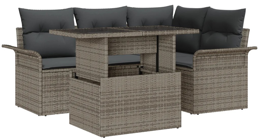 Conjunto de Sofá de Jardim vidaXL 5 Peças com Almofadas Cinza de Vime Poliéster