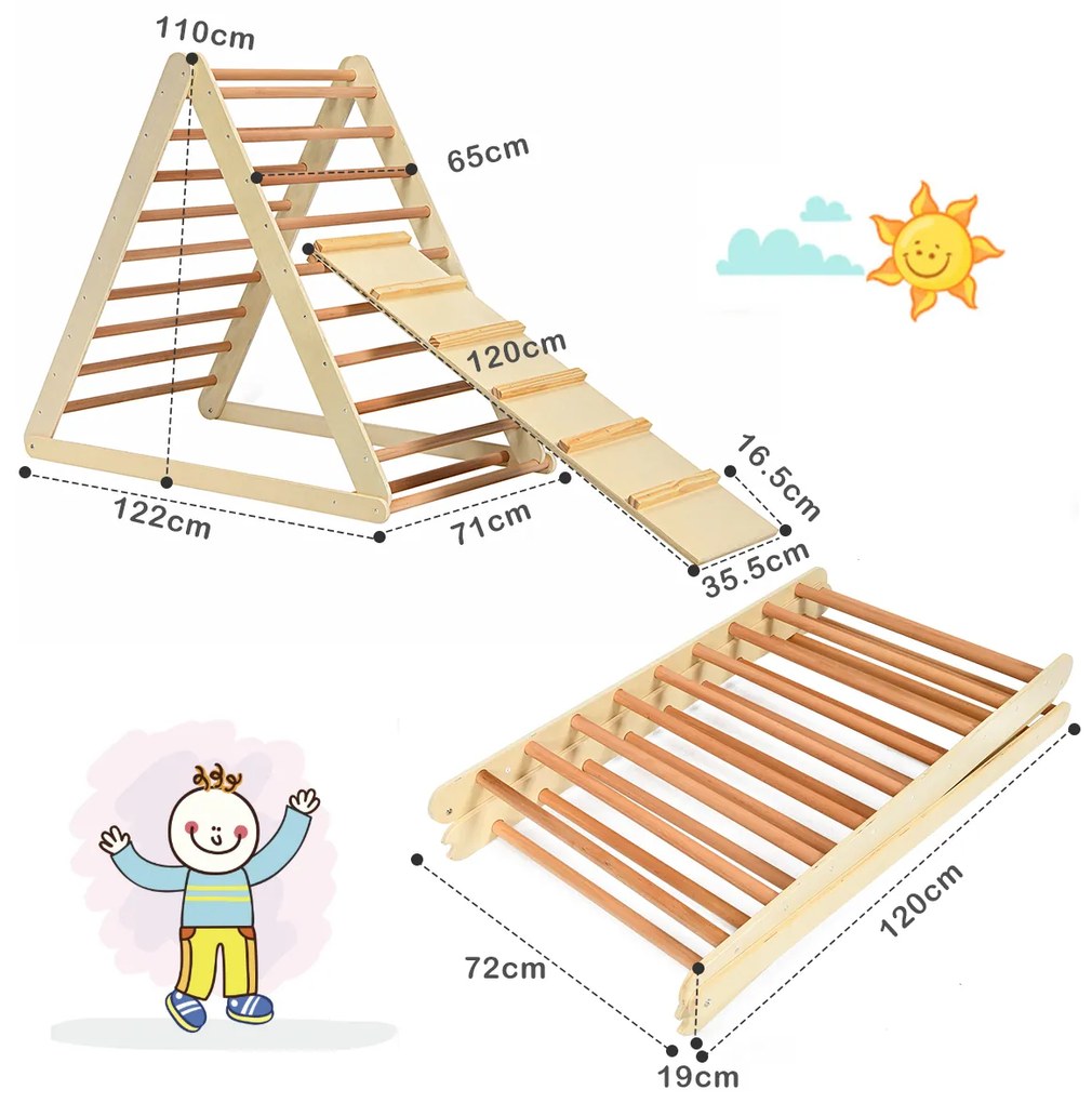 Escada de Brinquedo Triangular de Madeira para Subir Dobrável para Crianças de 6 meses a 6 anos para Berçário Doméstico 122 x 71 x 110 cm Natural