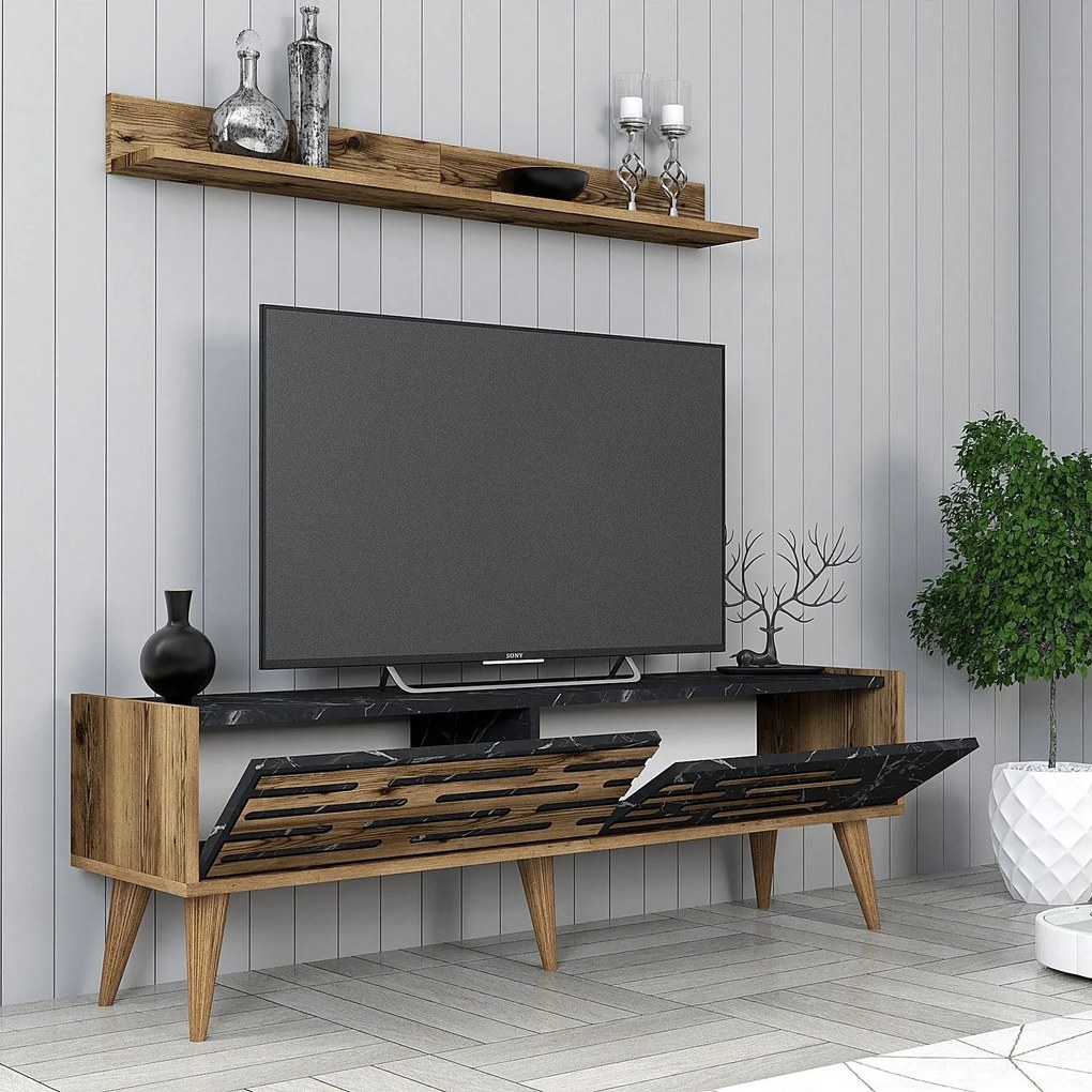 Conjunto de Mobiliário de Sala de Estar Valensiya – Nogueira/Preto/Már